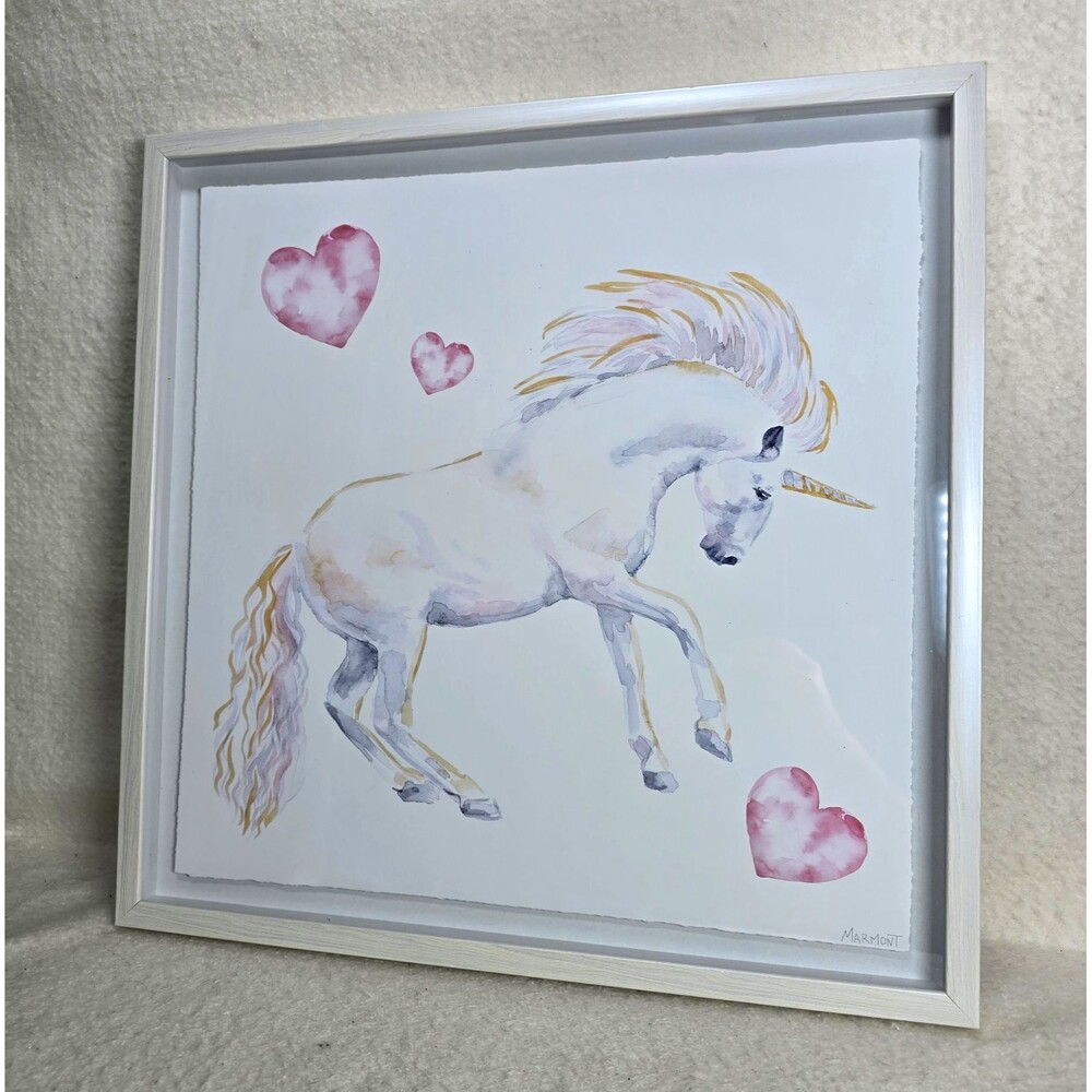 Marmont Signed Framed Unicorn Print with Pink Hearts White Frame Kids 18x18